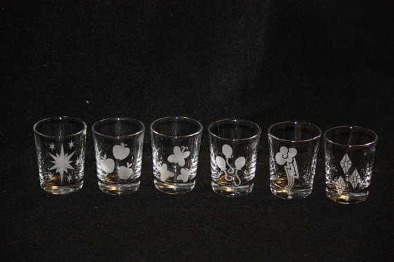 His shot glasses pint glasses mugs and wine glasses range in price from 